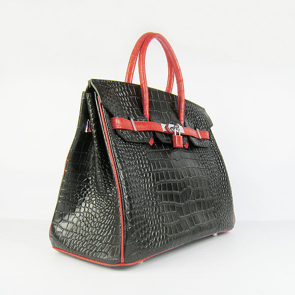 High Quality Fake Hermes Birkin 35CM Crocodile Veins Leather Bag Red/Black 6089